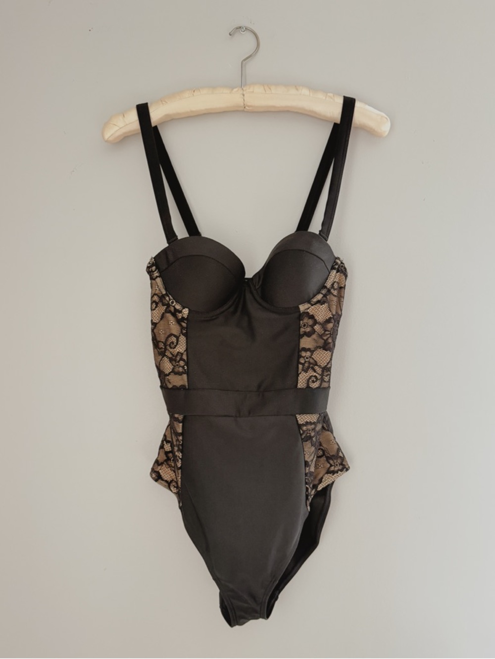 Wolf & Whistle Lace Panel Swimsuit 34B Black Bustier One Piece NWT